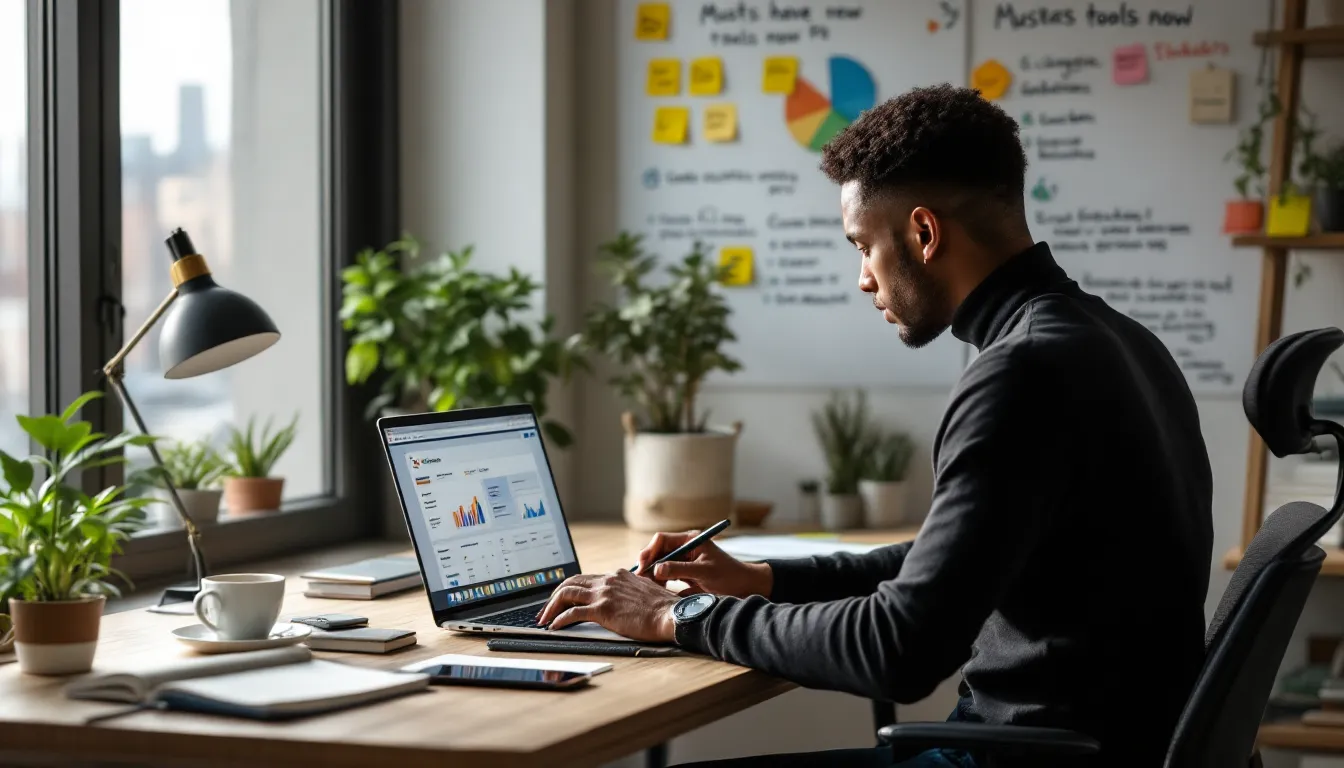 Solo startup founder using a lean marketing tech stack on a laptop.