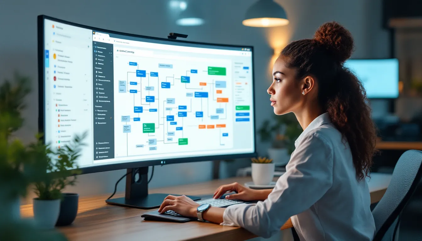Marketer in modern office analyzing complex email automation workflow in ActiveCampaign.