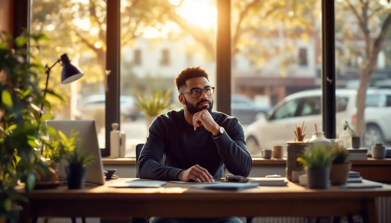 Small business owner comparing SEO tool dashboards on laptop and monitor in office.