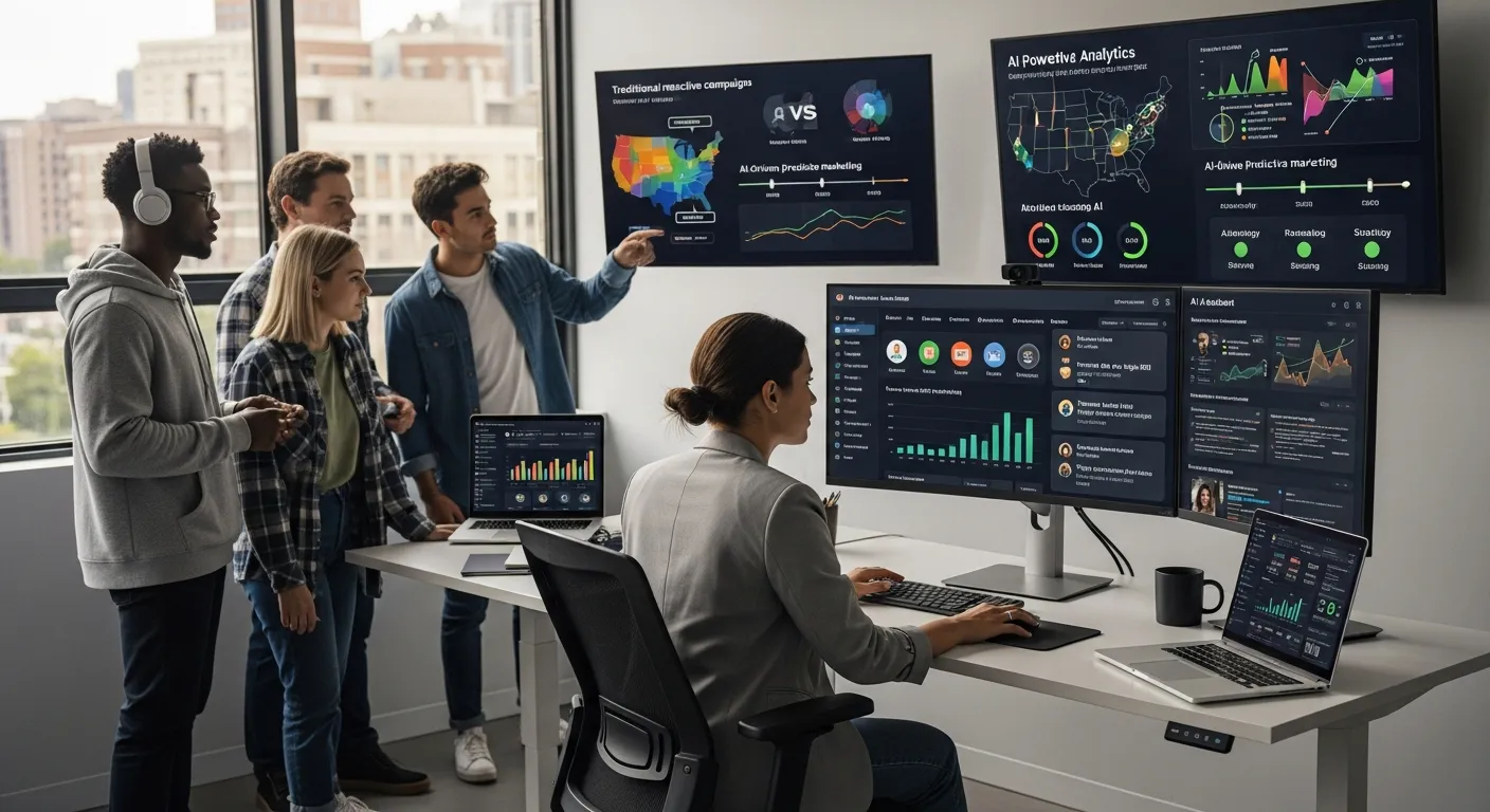 Digital marketers using AI dashboards to run predictive, personalized campaigns in a modern office.