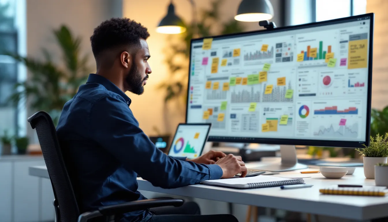 Office worker reviews fragmented tools and CRM readiness checklist on dual monitors.