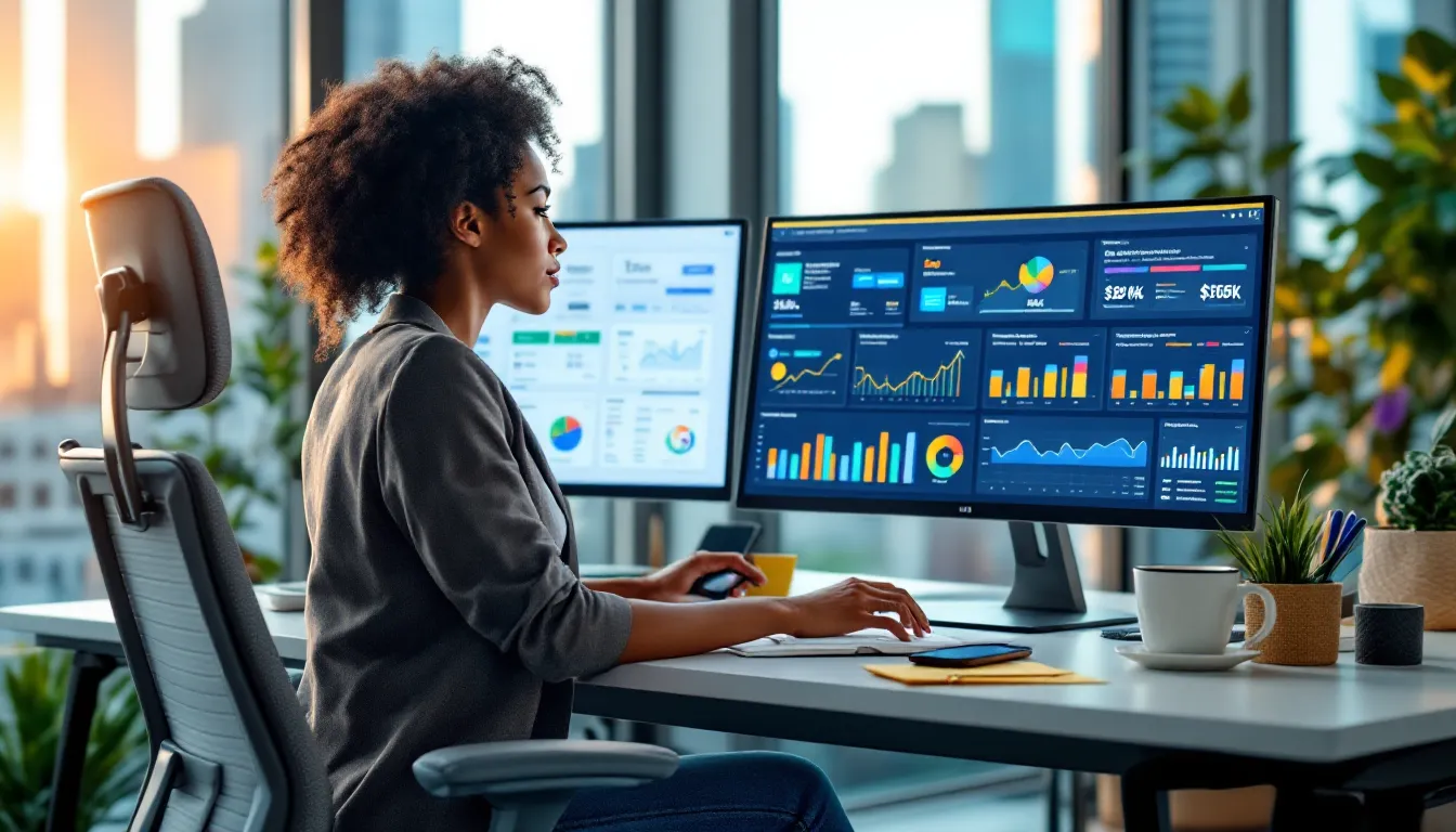 Marketing manager compares basic free dashboards to advanced paid marketing tools at desk.
