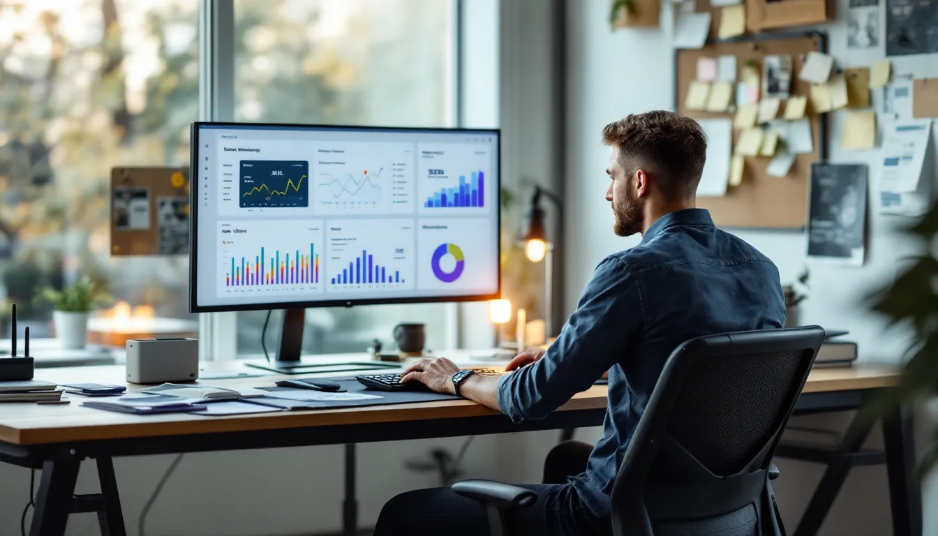 Small business owner reviews a unified marketing dashboard in a clean 2026 office.