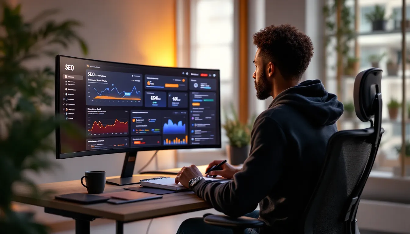 Marketer reviewing full SEO workflow dashboard connecting keywords, audits, rankings, and revenue.