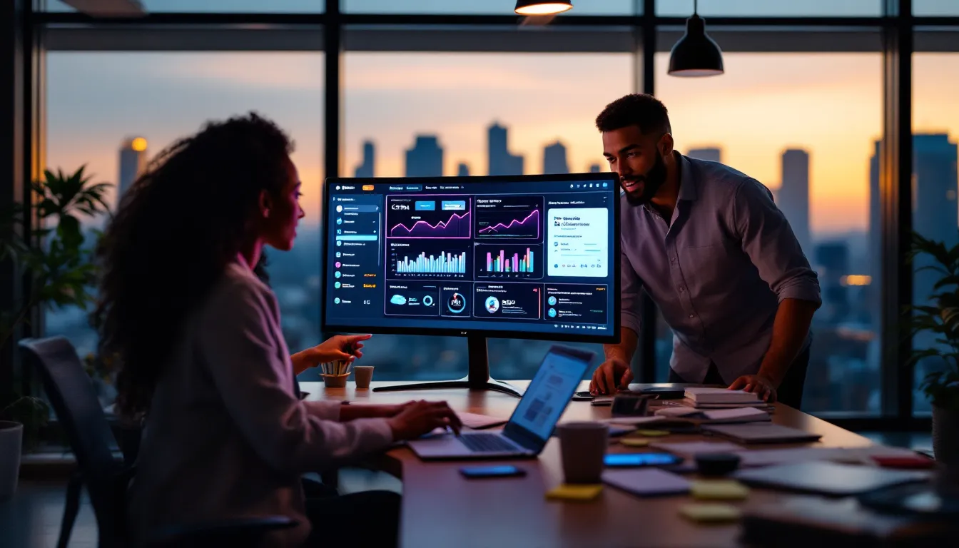 Marketing team reviews unified AI-driven dashboards choosing the best integrated tools.