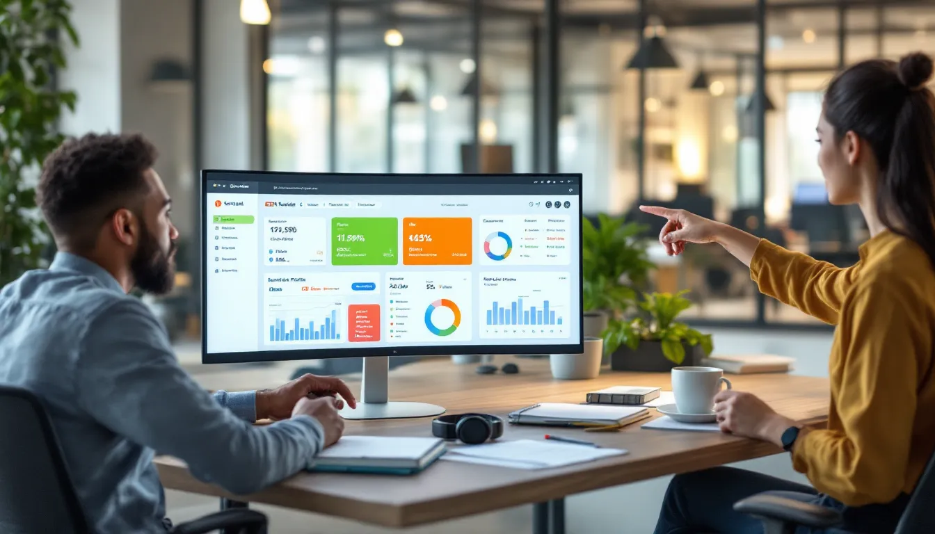 Marketers reviewing a unified all‑in‑one SEO dashboard on a large office monitor.