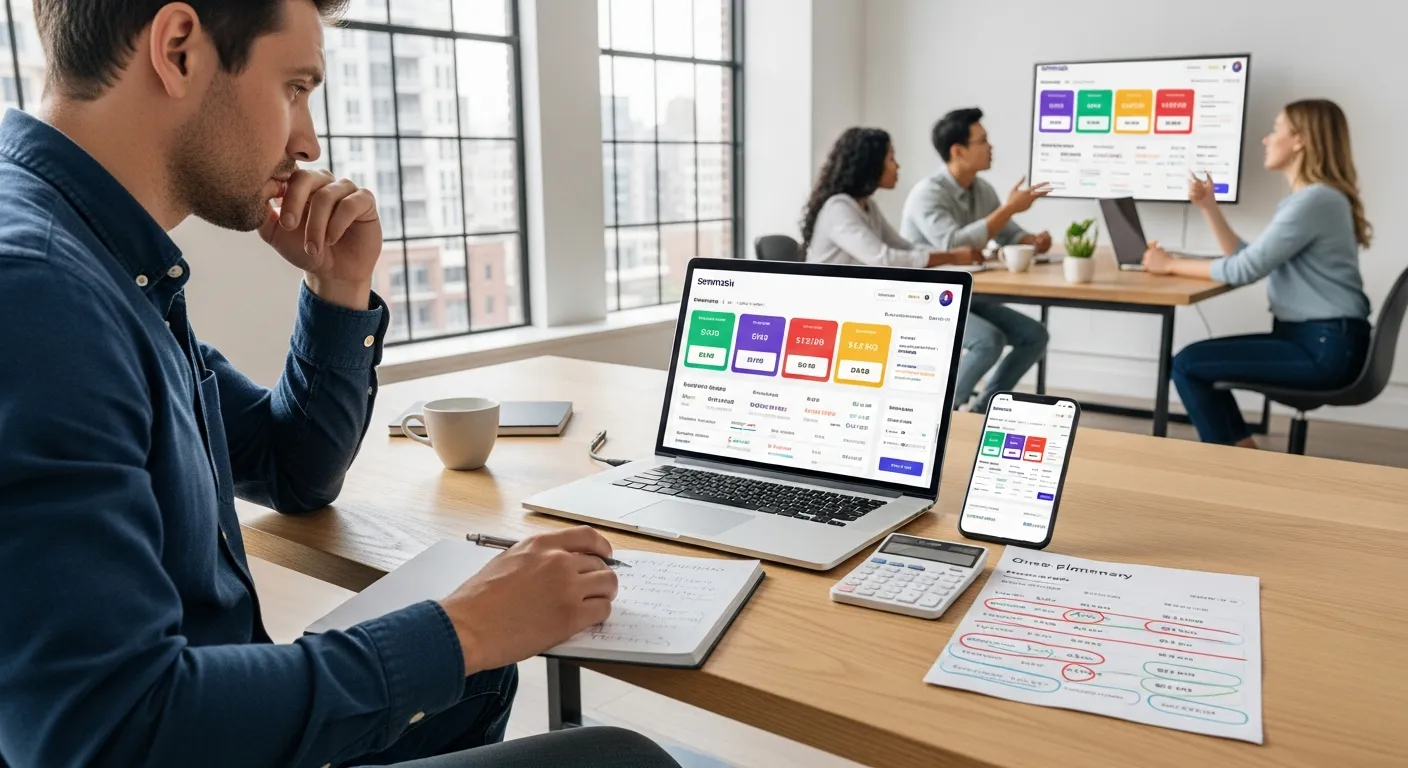 Consultant reviews Semrush-style pricing plans on laptop while team debates options nearby.