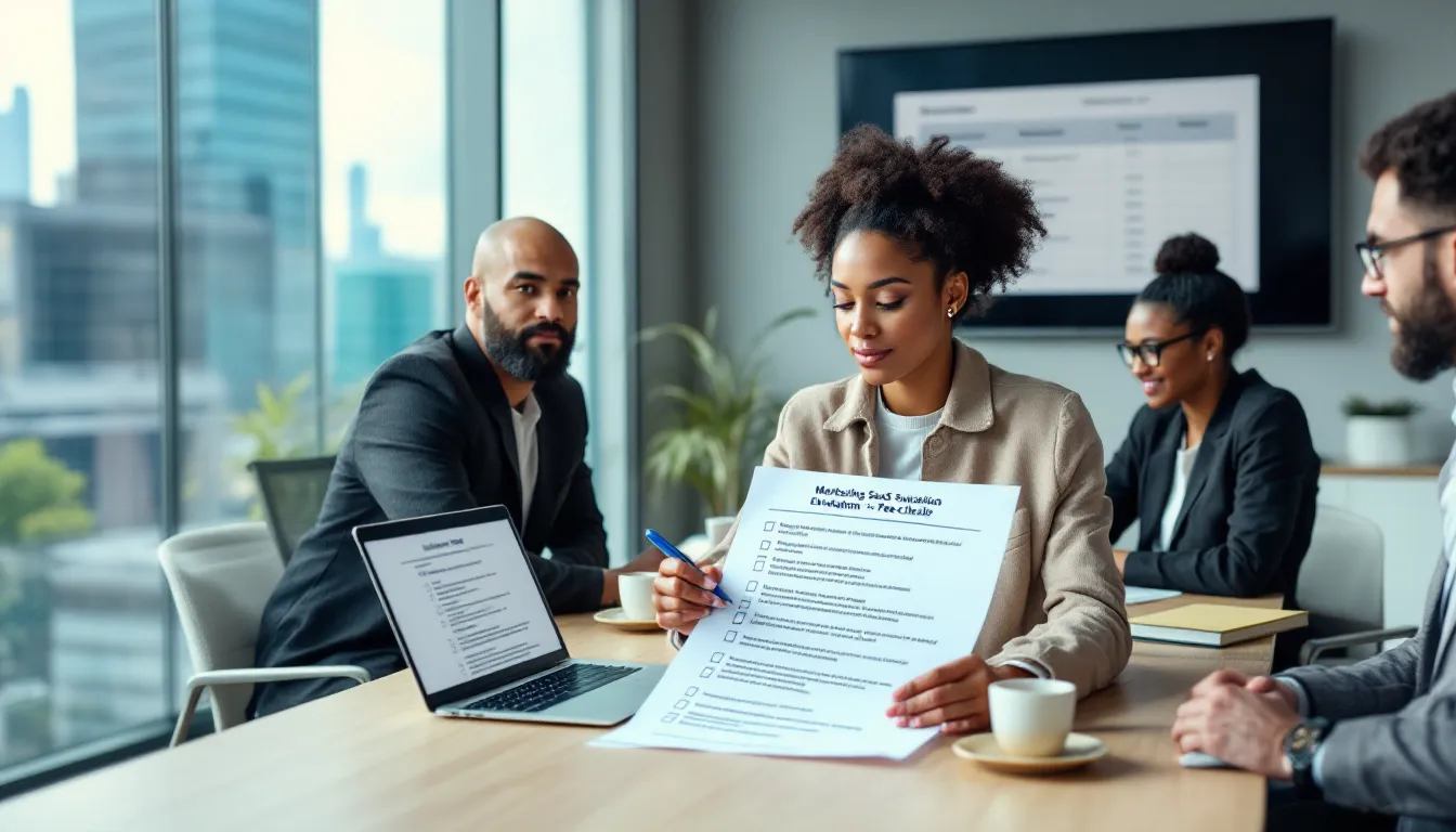 Marketing team reviews a printed SaaS evaluation checklist in a modern office.