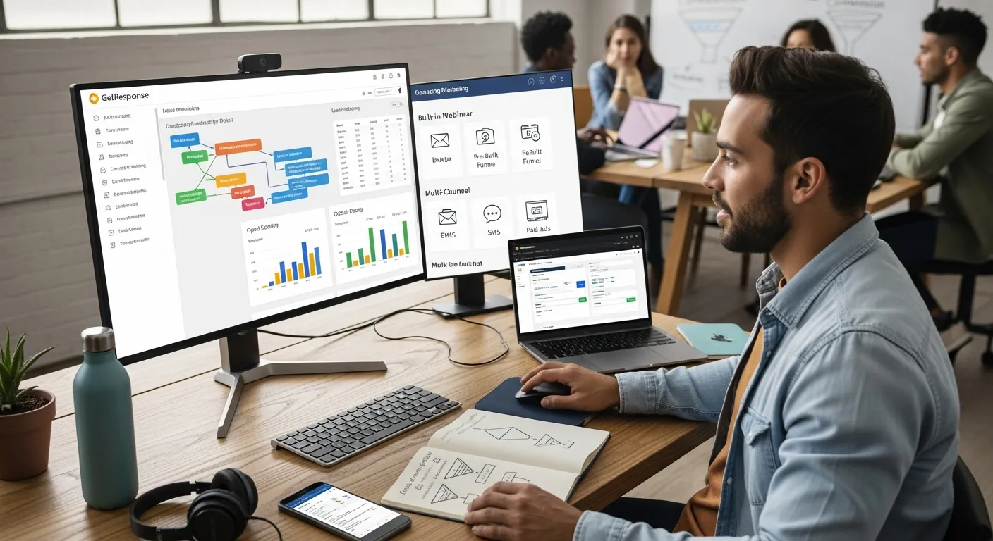 Marketer reviewing strong email automation results on an all-in-one campaign dashboard.