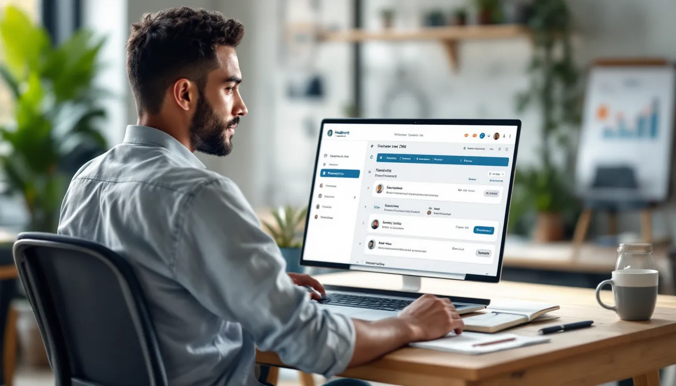 Startup worker using a CRM dashboard with contacts, pipeline board, and basic email tools.
