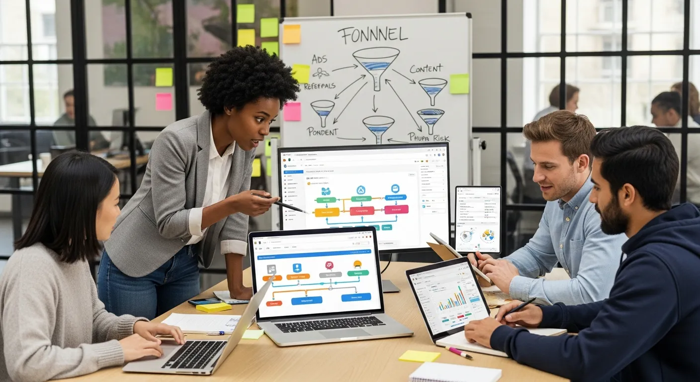 Small startup team collaborating around a shared CRM dashboard in a modern office.