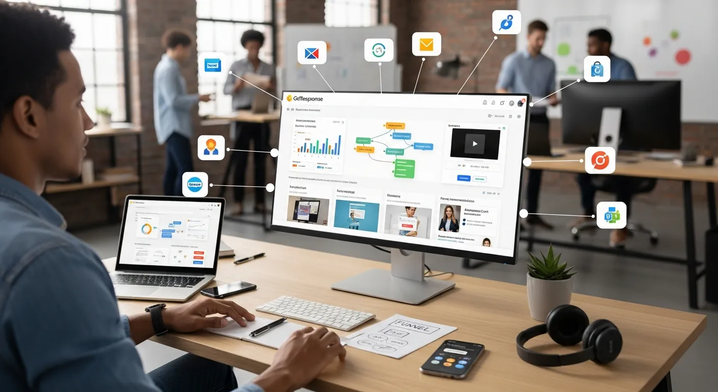 Marketer viewing an all‑in‑one GetResponse marketing dashboard in a modern office.