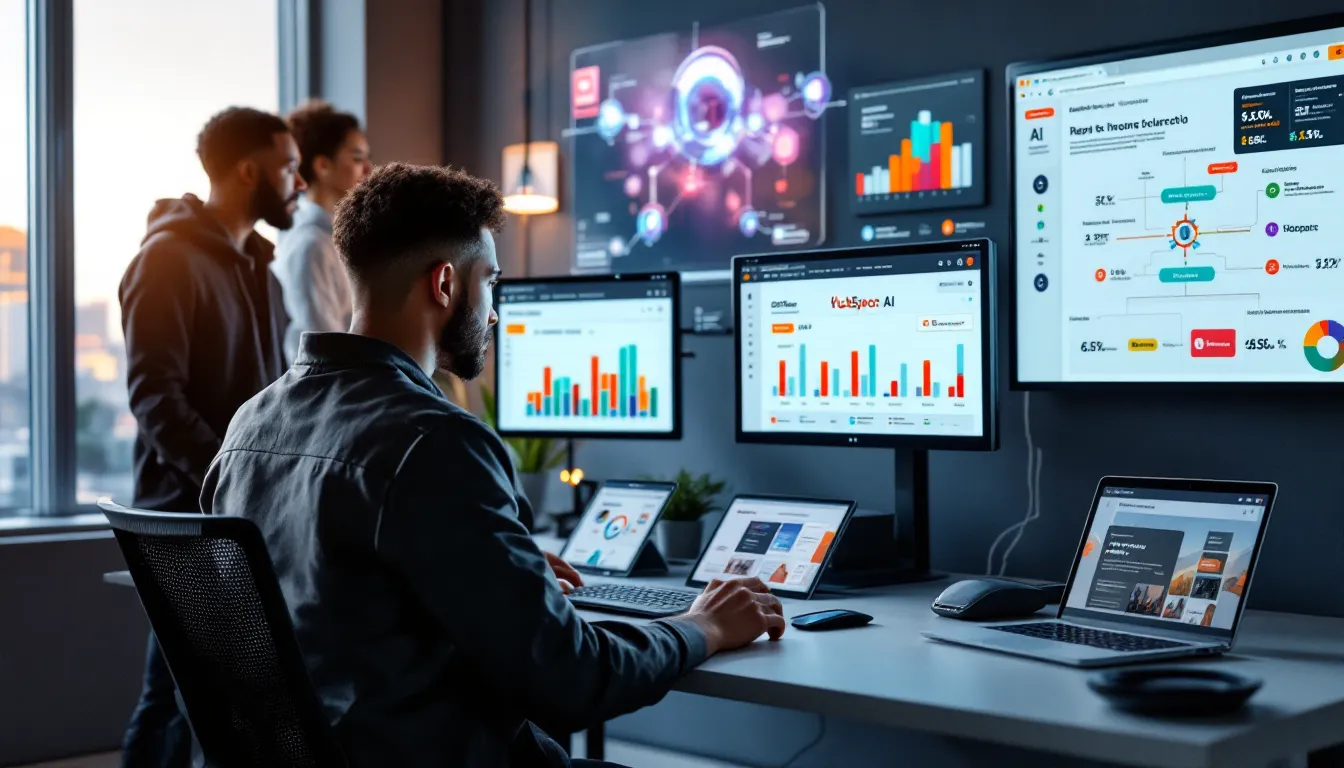 Modern marketers using multi-screen AI tools to manage an integrated 2026 marketing stack.