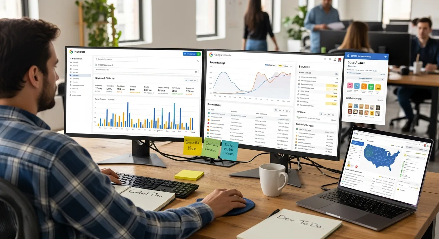 Marketer reviewing Moz-style SEO dashboards for keywords, rankings, audits, and backlinks.