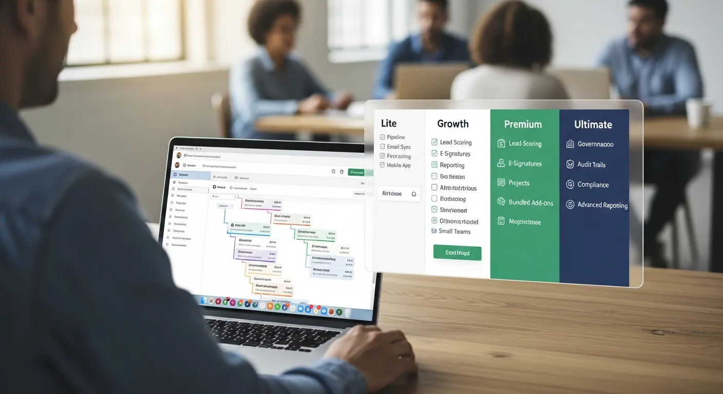 Laptop showing CRM pipeline and four plan tiers, in a modern U.S. startup office.