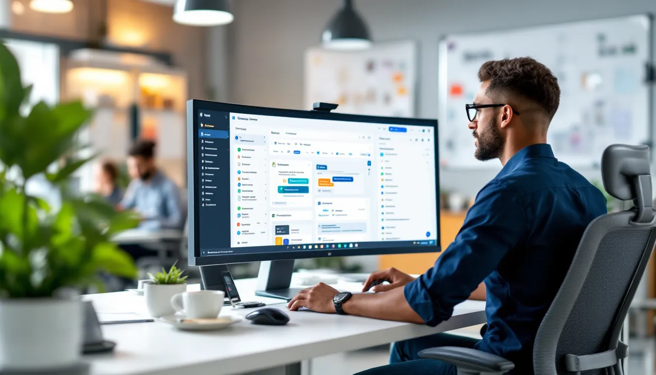 Marketer reviewing advanced email software with segmentation, automation workflows, and template editor.
