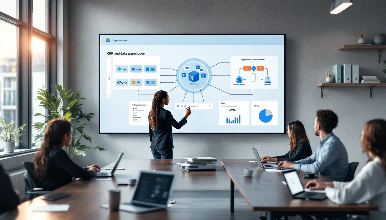 Marketing team reviewing an integrated, centralized marketing tech stack on a large screen.