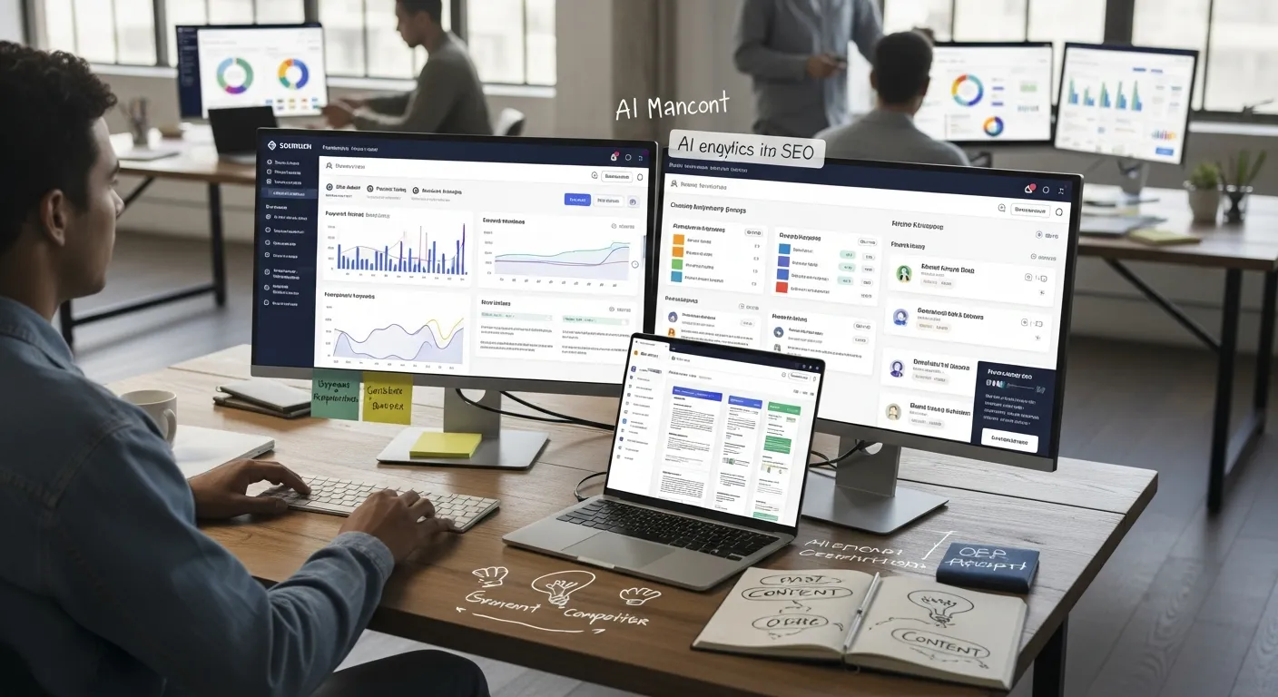 Marketer in a modern office analyzing AI-enhanced SEO and reporting dashboards on dual monitors.