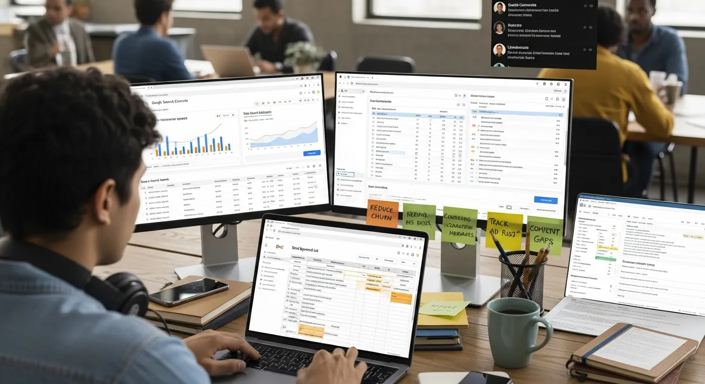 Marketer building a focused seed keyword list using search, CRM, and competitor data.