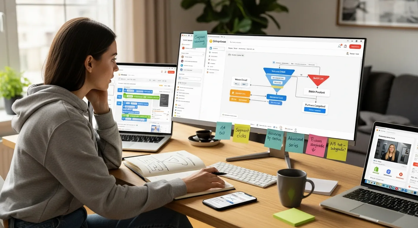 Marketer at home office exploring complex GetResponse email automation and funnel dashboard.