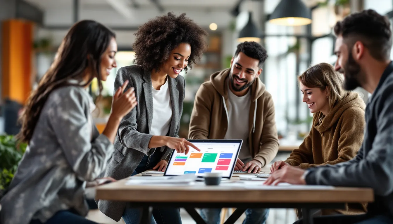 Diverse marketing team collaborating around laptops with shared project and content tools.