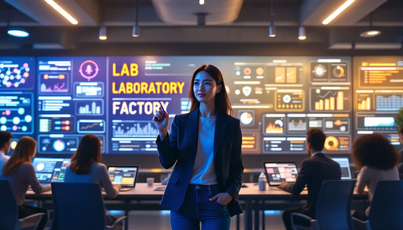 Marketing ops team in a modern office reviewing a 2026 AI-driven martech dashboard.