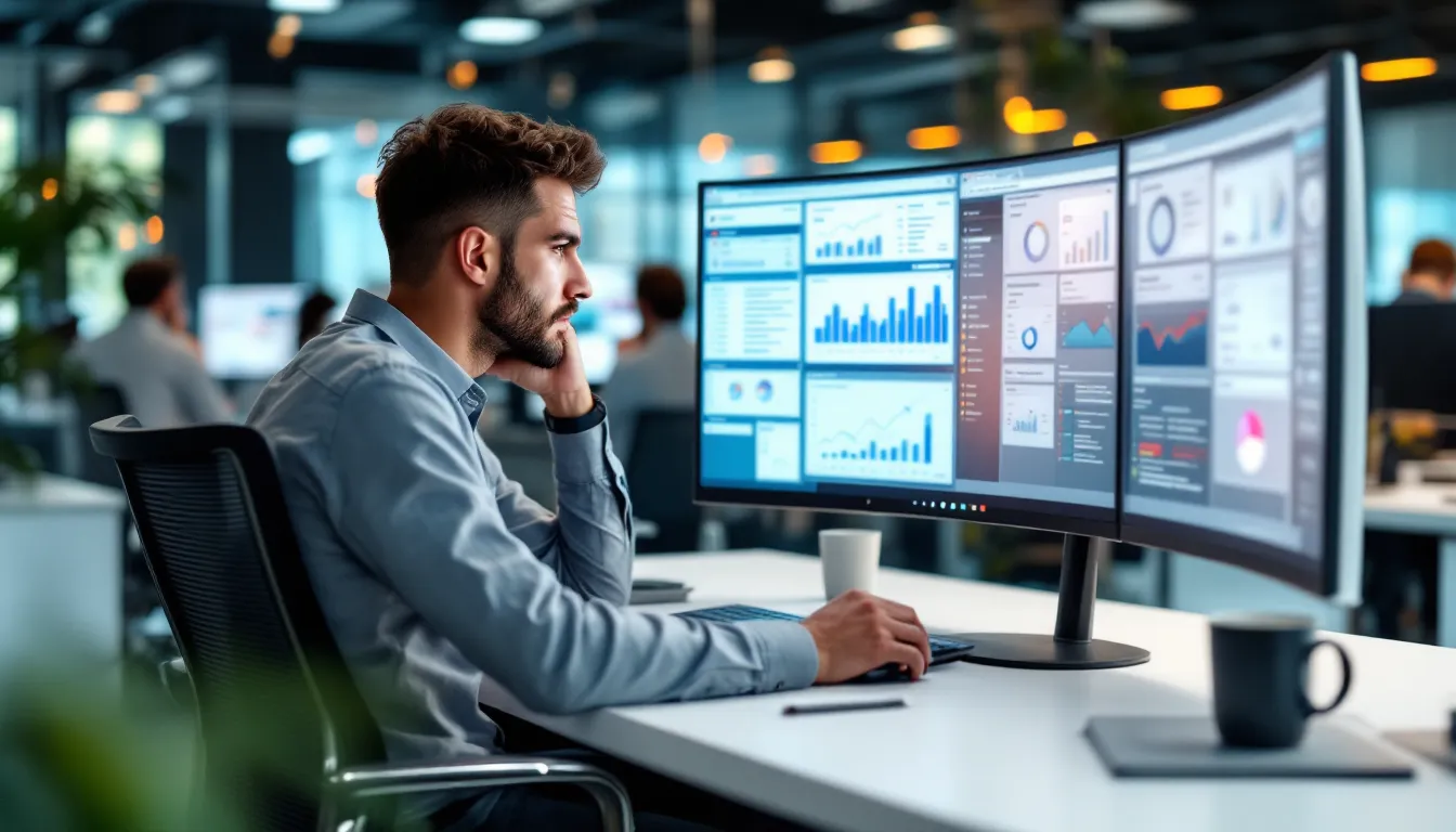 Marketing manager studies complex 2026 marketing software pricing dashboards on multiple office screens.