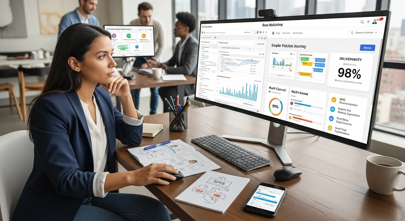 Marketer compares Mailchimp with modern alternative email and SMS automation platforms on screen.