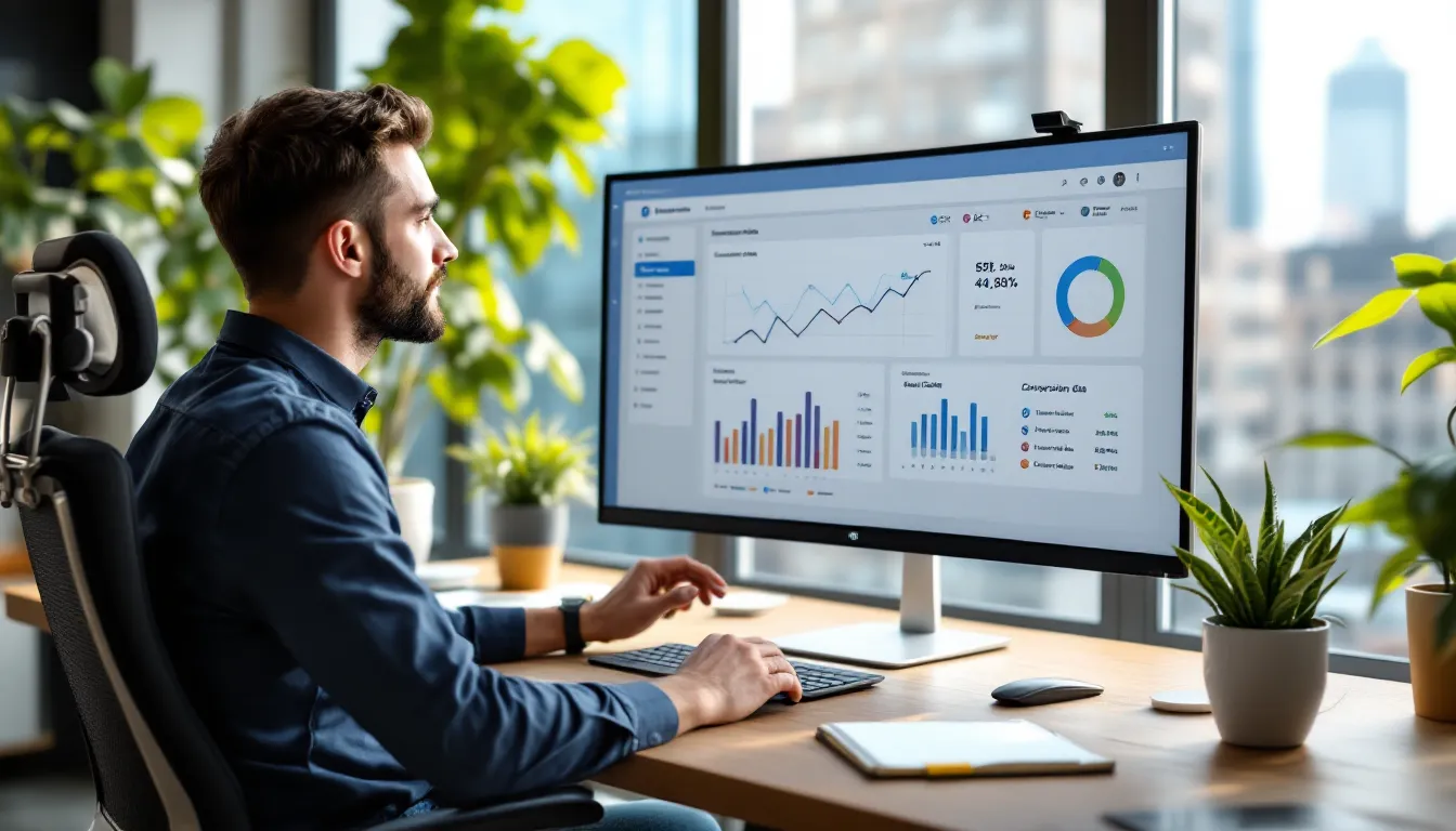 Small business owner reviews a unified marketing dashboard with key KPIs on screen.