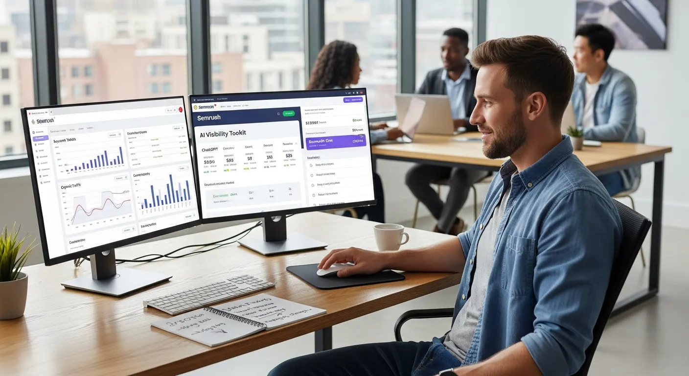 SEO professional reviewing Semrush AI dashboards and pricing plans in a modern office.