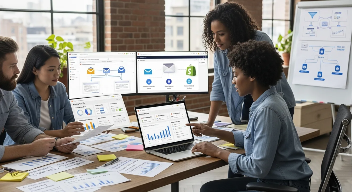 Marketing team comparing Mailchimp alternatives on a laptop using key evaluation criteria.