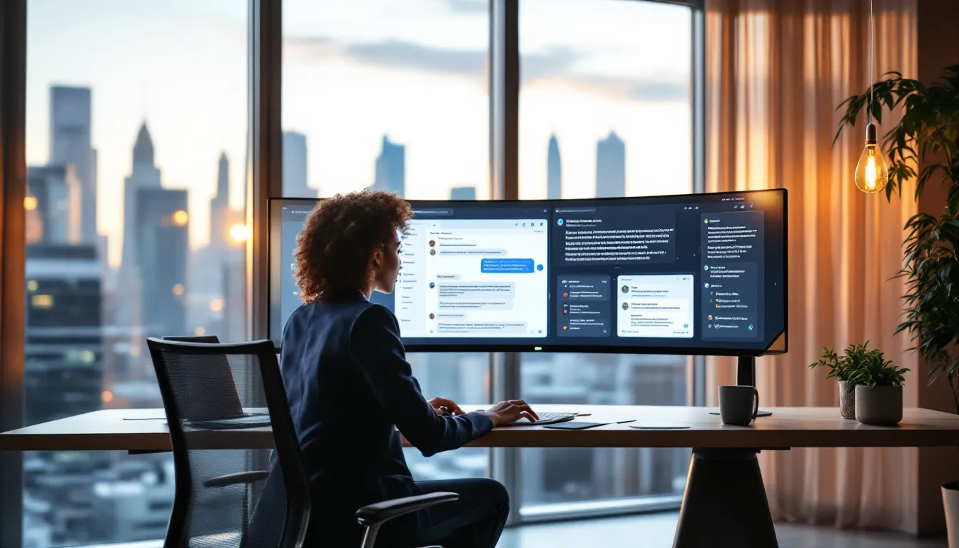 Marketer in modern office overseeing AI assistants that run future-focused marketing tasks.