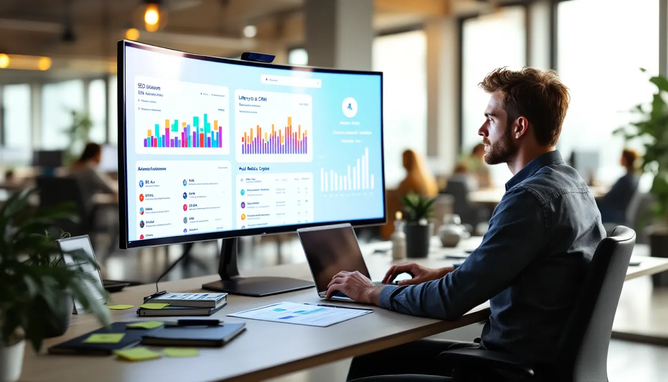 Marketer in a modern office using multiple specialized AI dashboards for marketing.