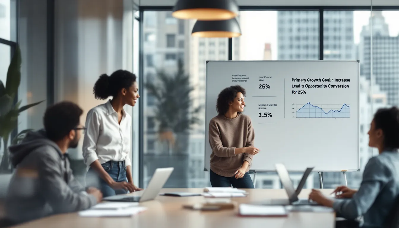 Marketing team defining clear growth and automation goals on a whiteboard before integrating tools.