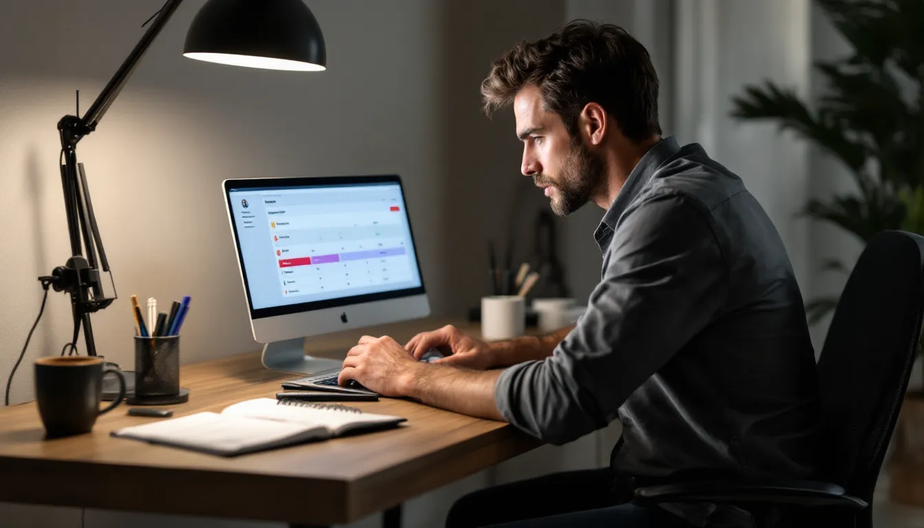 Marketer scoring and comparing marketing SaaS tools on a laptop during a demo.