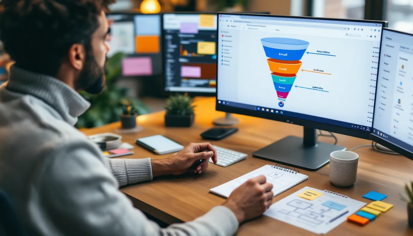 Marketing professional mapping email strategy and funnel on laptop before choosing tools.