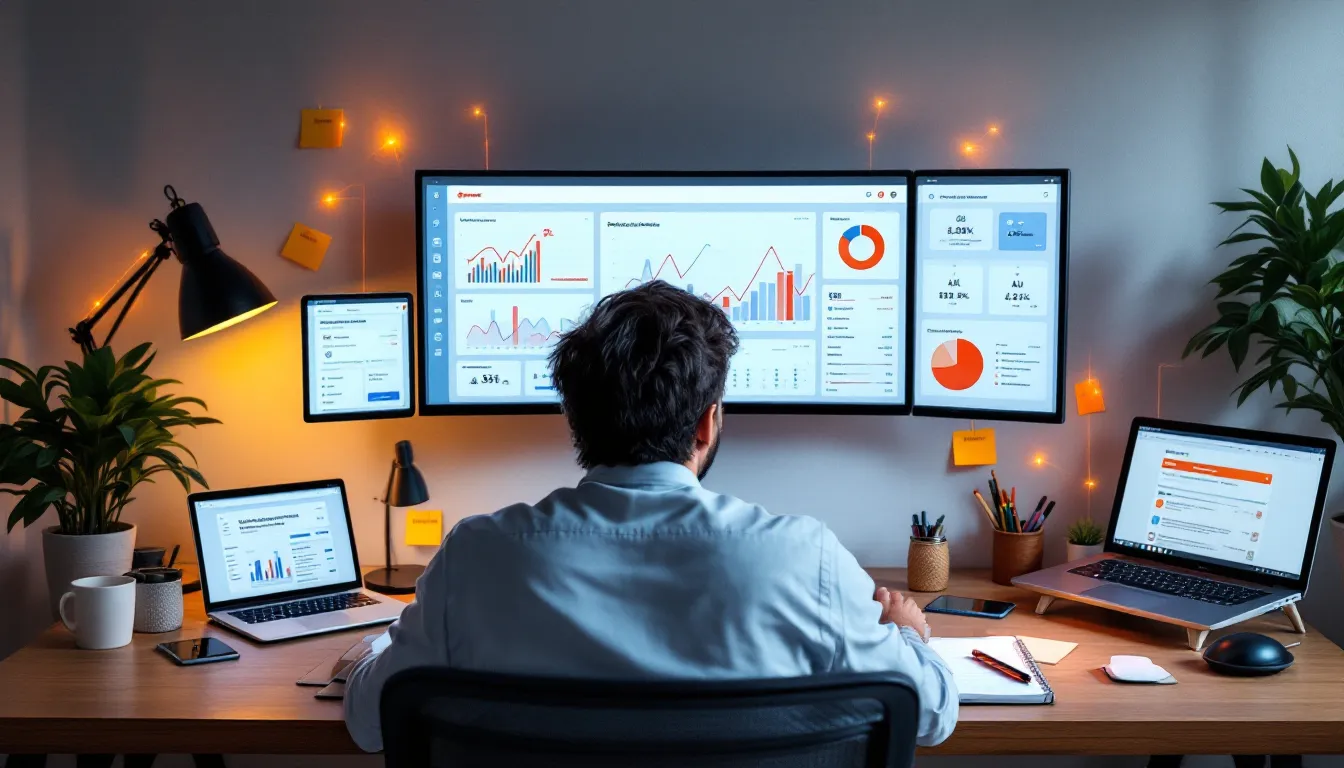 Marketer at desk using a central SEO dashboard as hub for their tools.