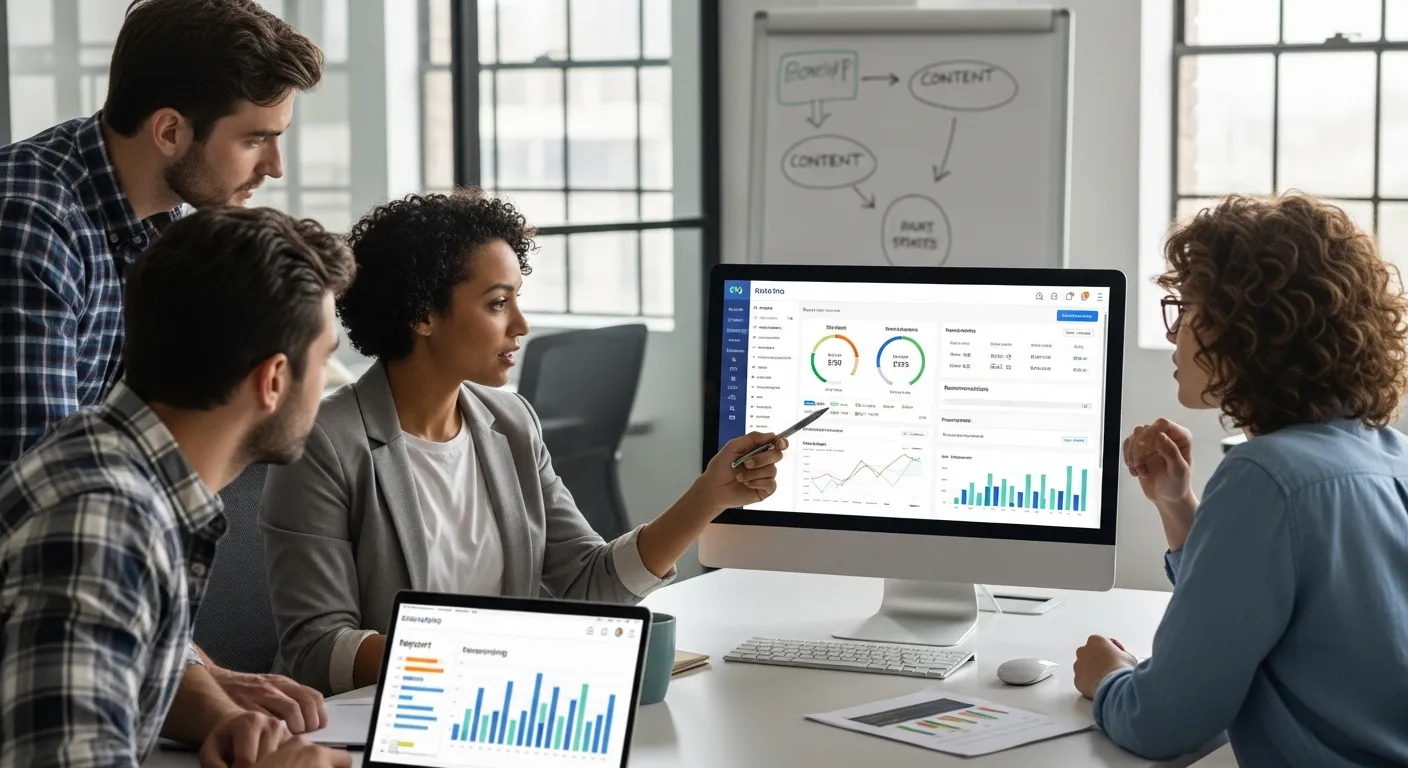 Marketing team in a modern office collaborating around an easy-to-understand SEO dashboard.