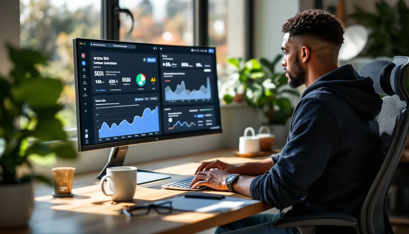 SEO professional reviewing optimization tool dashboards and rankings in a bright home office.