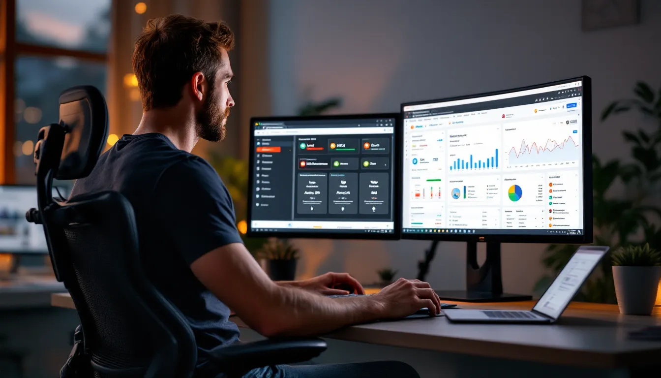 Marketer configuring Rank Math SEO in a WordPress stack on dual monitors.