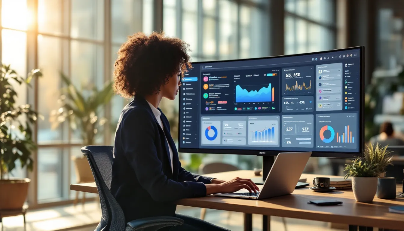 Marketer in a modern office managing an AI-powered multichannel marketing automation dashboard.