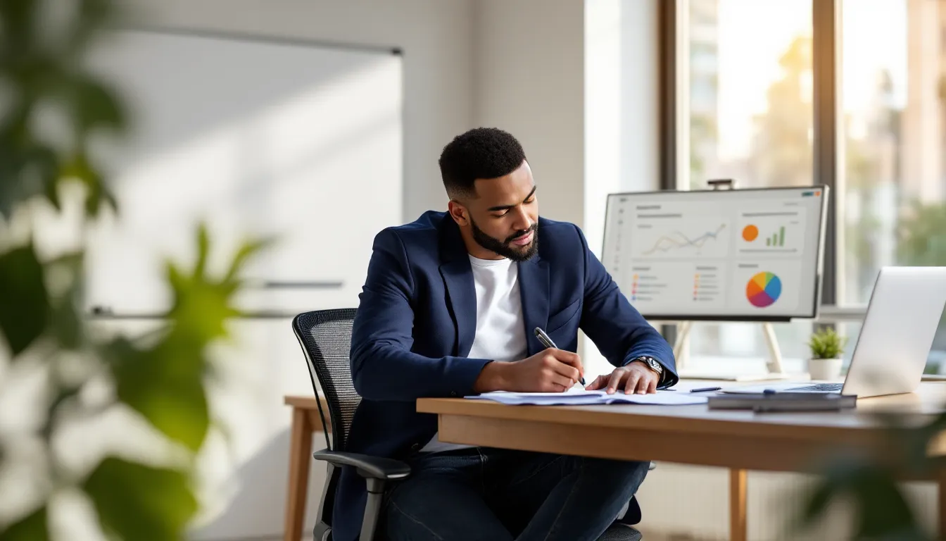 Marketer mapping strategy to marketing tools on a laptop and notepad in office.