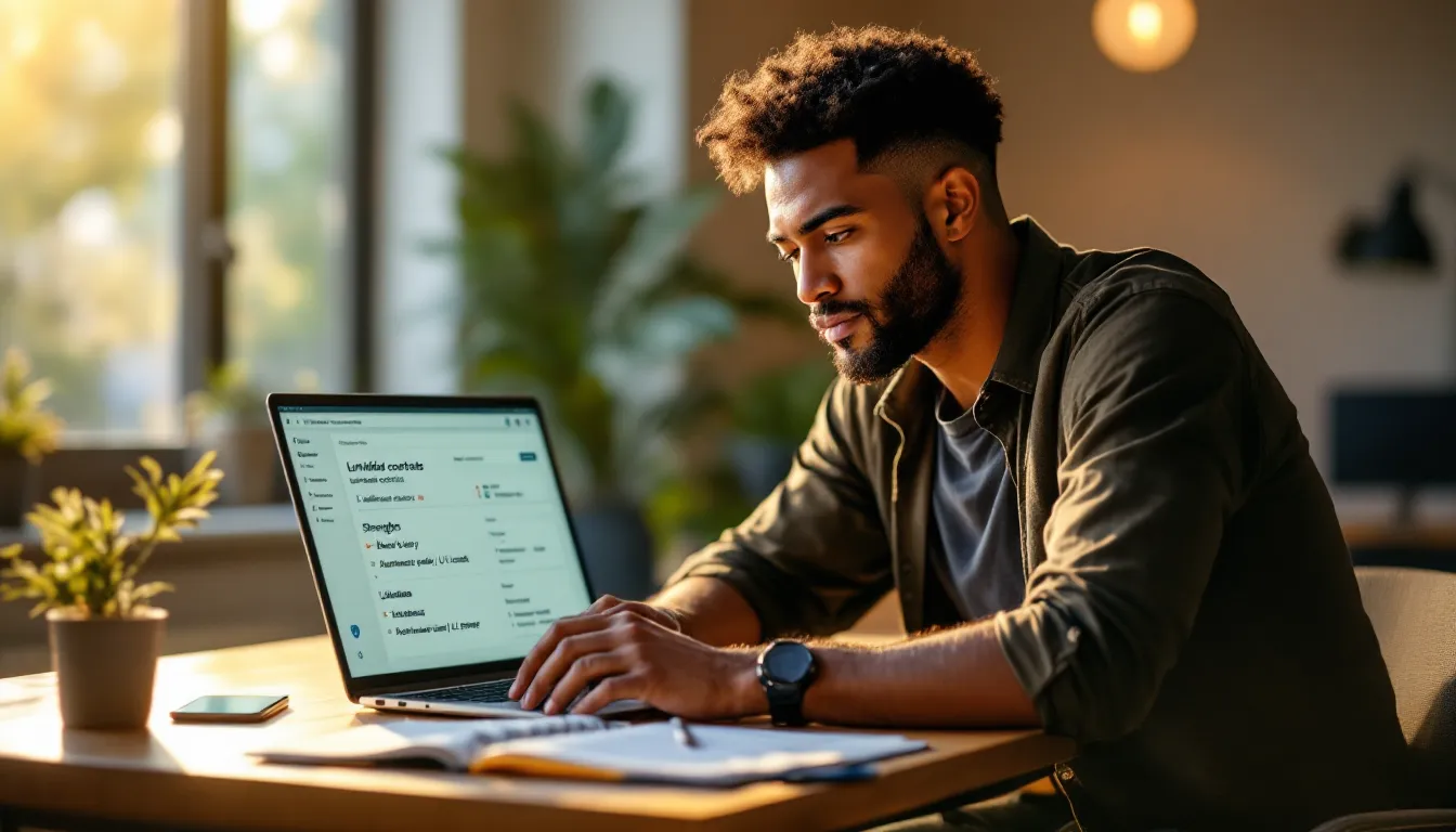 Small business marketer weighing email tool pros and cons at laptop in office.