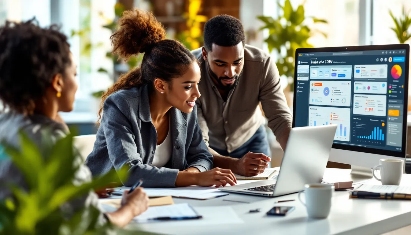 Team in a modern office using an intuitive CRM dashboard with connected tools.