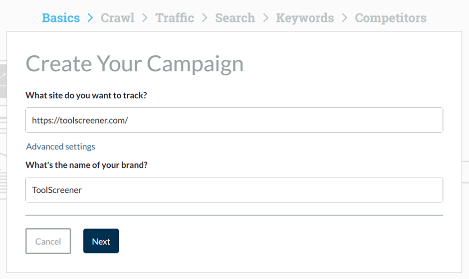 Moz Pro "Create Your Campaign" setup screen with site URL and brand name fields