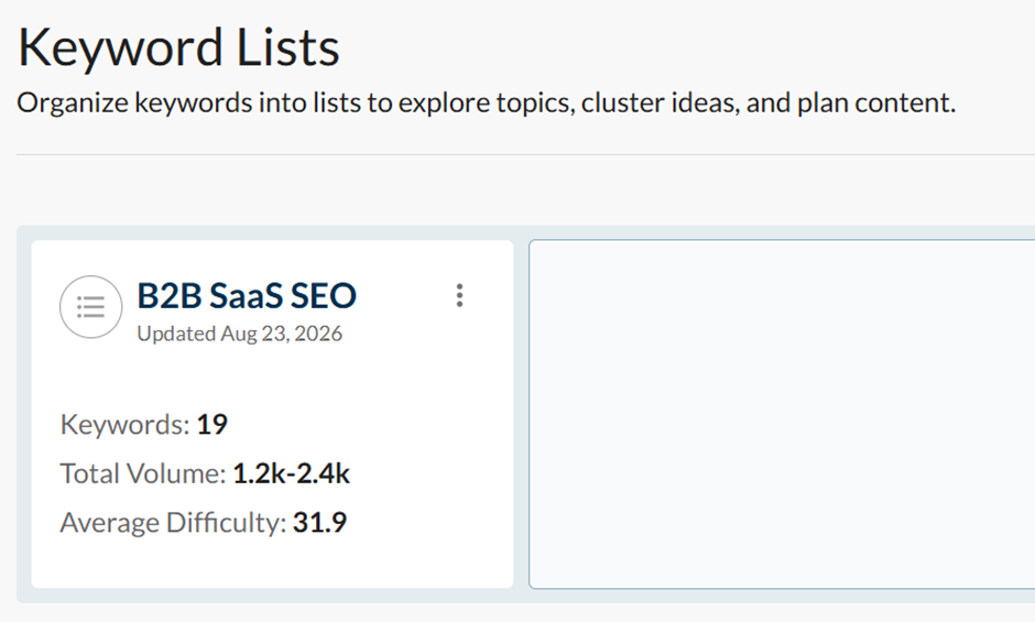 Moz Keyword Lists screen showing a saved keyword list with volume and difficulty stats
