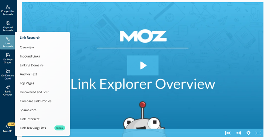 Link Research tool menu with Overview, Spam Score, and Link Intersect options
