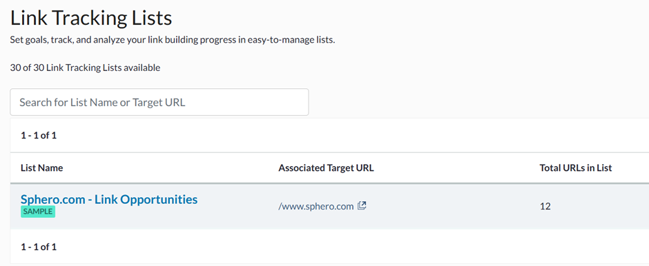 Link Tracking Lists screen showing a sample link-building tracking list