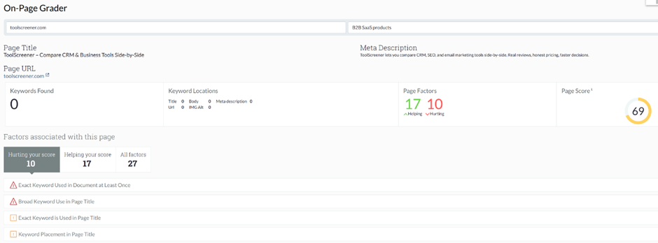 On-Page Grader results showing page score and helping/hurting factors