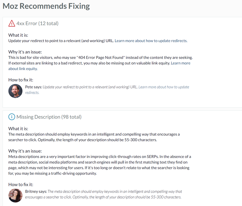 Moz's recommended fixes for 4xx errors and missing meta descriptions